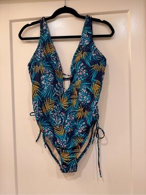 Swimsuits For All Plunge Neckline Tropical Leaf One-Piece - Teal, Yellow, Navy